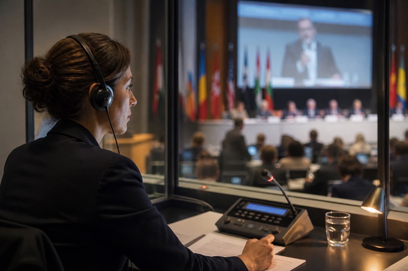 Conference interpreter working with headset during a multilingual event