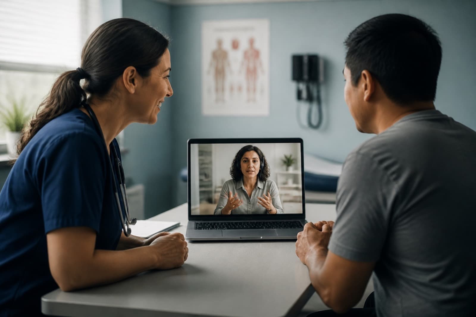 Video remote interpreting session connecting clinician, patient, and interpreter
